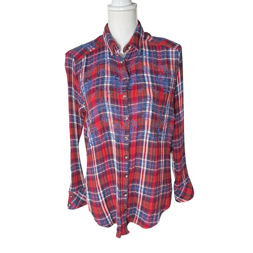 Free People Magical Plaid Embroidered Floral Button Down Shirt Small Flannel GUC